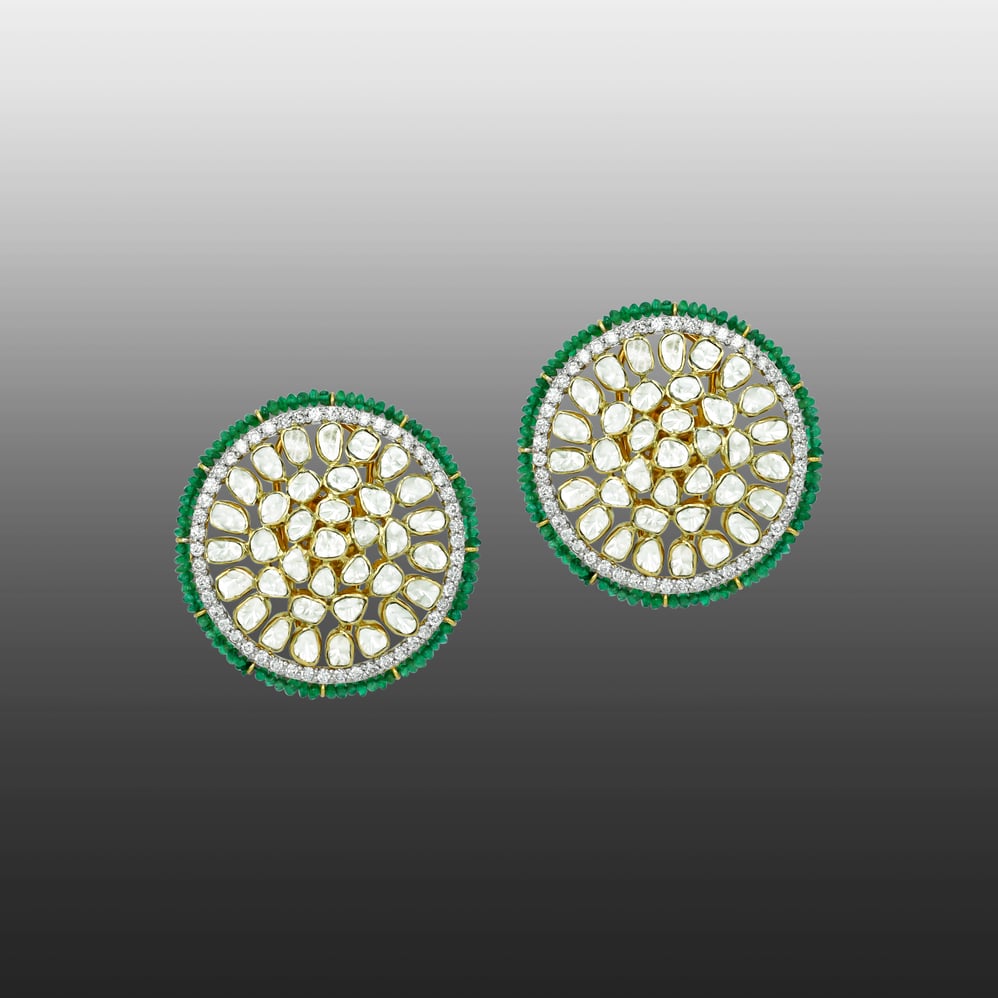 Radial Polki Studs with Diamond Halo and Emerald Bead Edge